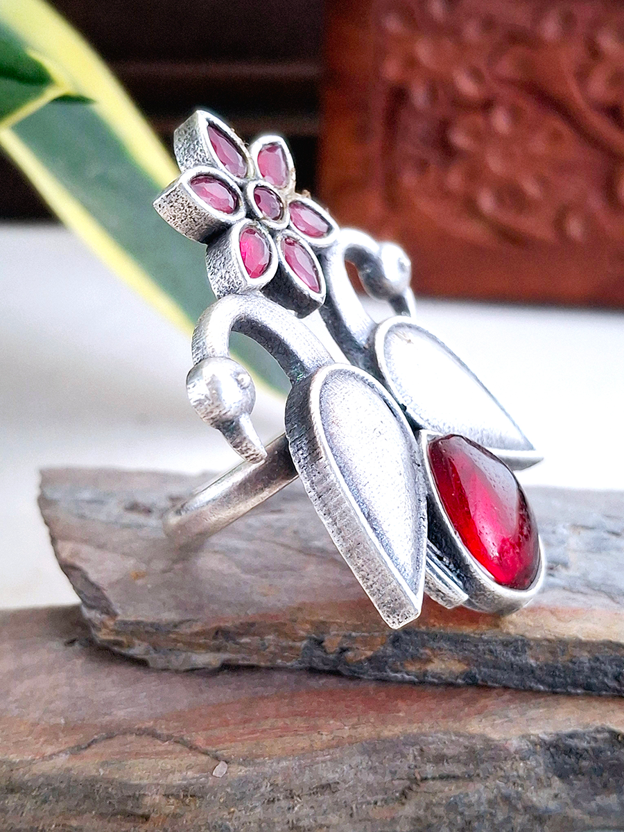 Peacock Flower Stone Oxidised Ring