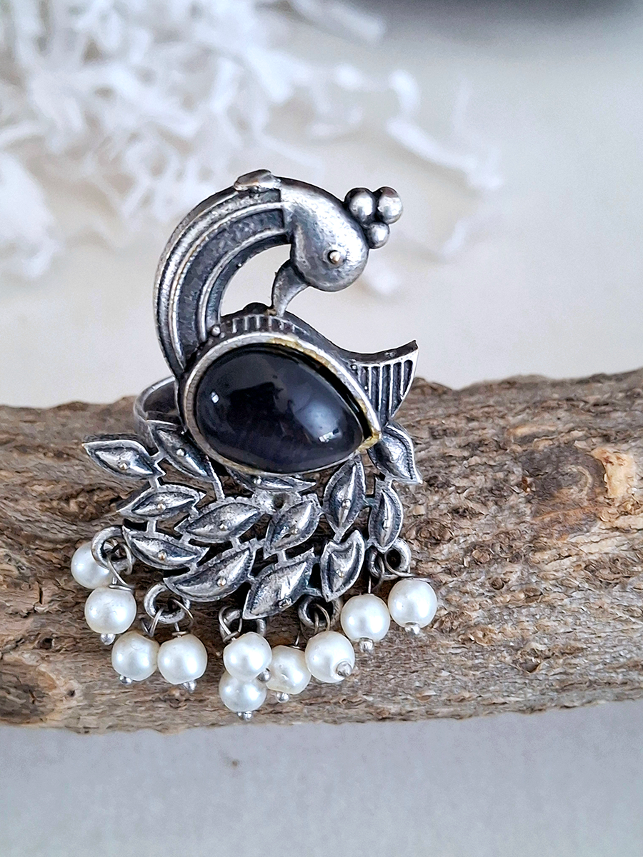 Peacock Monalisa Stone Oxidised Silver Ring