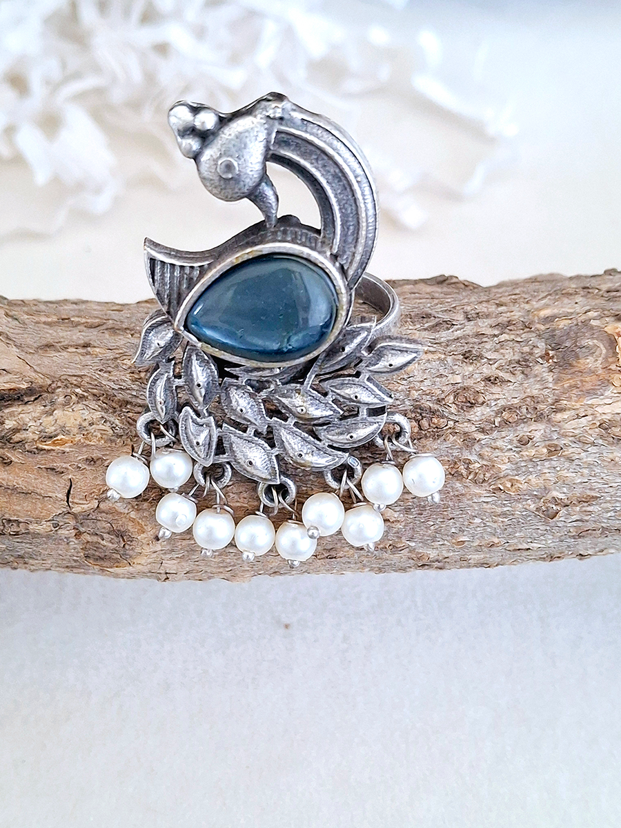 Peacock Monalisa Stone Oxidised Silver Ring