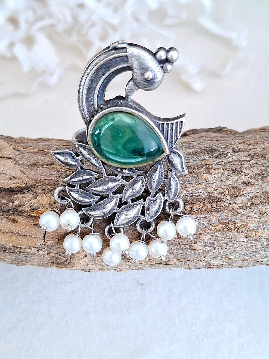 Peacock Monalisa Stone Oxidised Silver Ring
