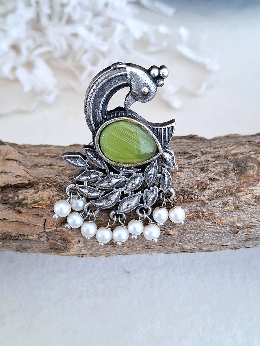 Peacock Monalisa Stone Oxidised Silver Ring