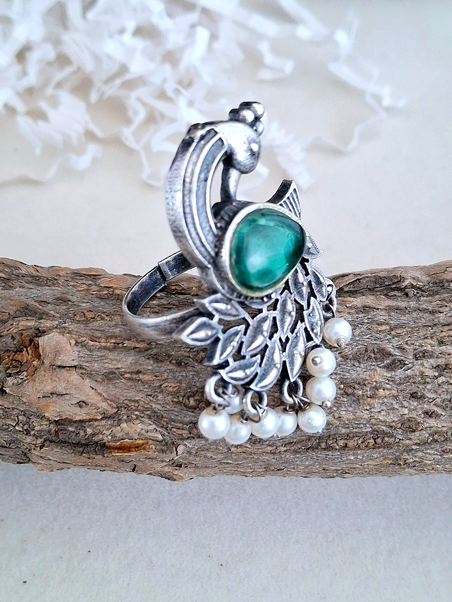 Peacock Monalisa Stone Oxidised Silver Ring