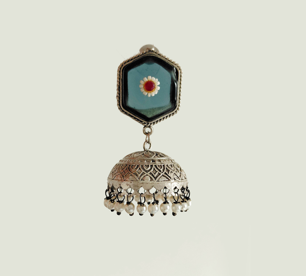 Silver Replica Grey Stone Minimal Jhumki