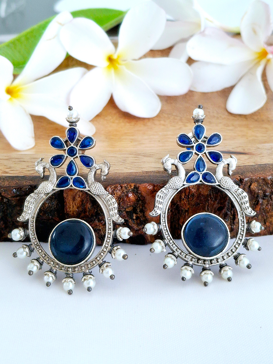Traditional Oxidised Peacock Big Stone Silver Look Alike Earring
