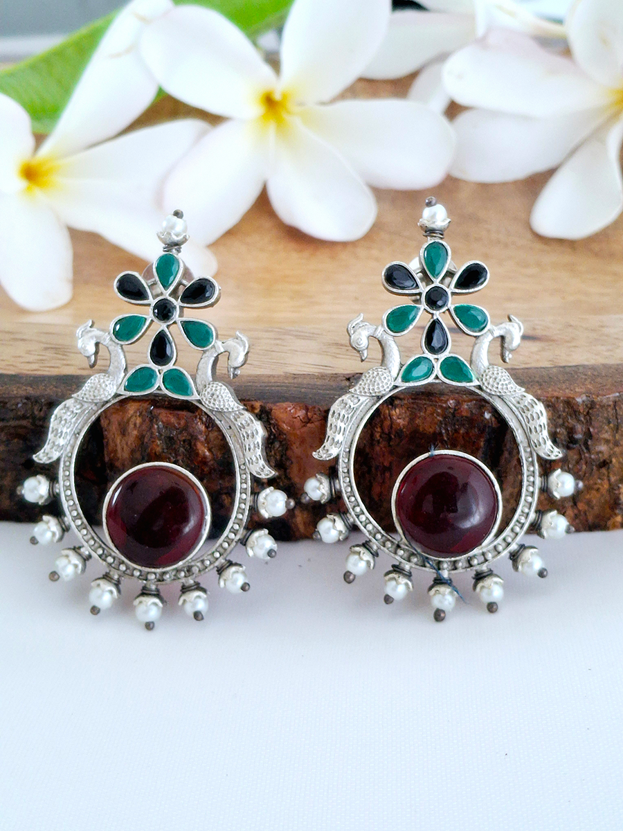 Traditional Oxidised Peacock Big Stone Silver Look Alike Earring