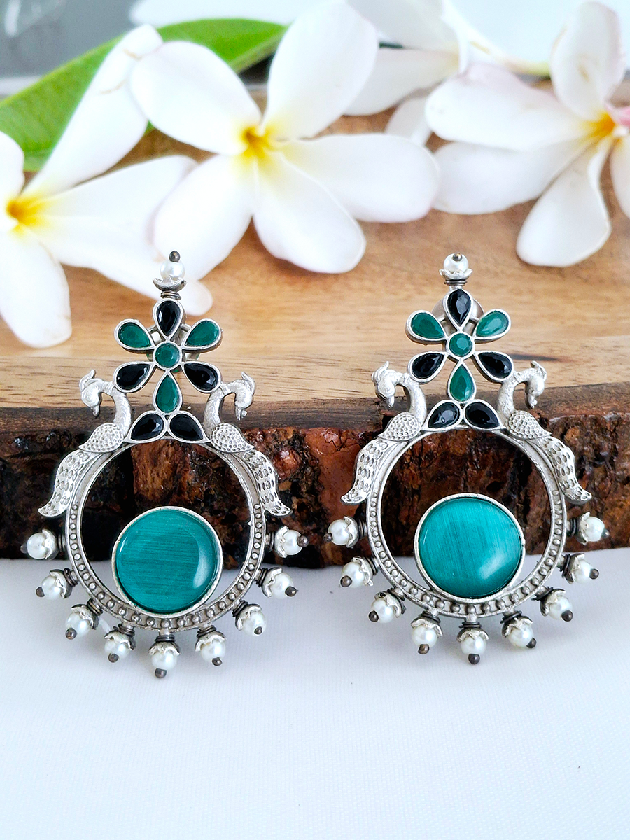 Traditional Oxidised Peacock Big Stone Silver Look Alike Earring