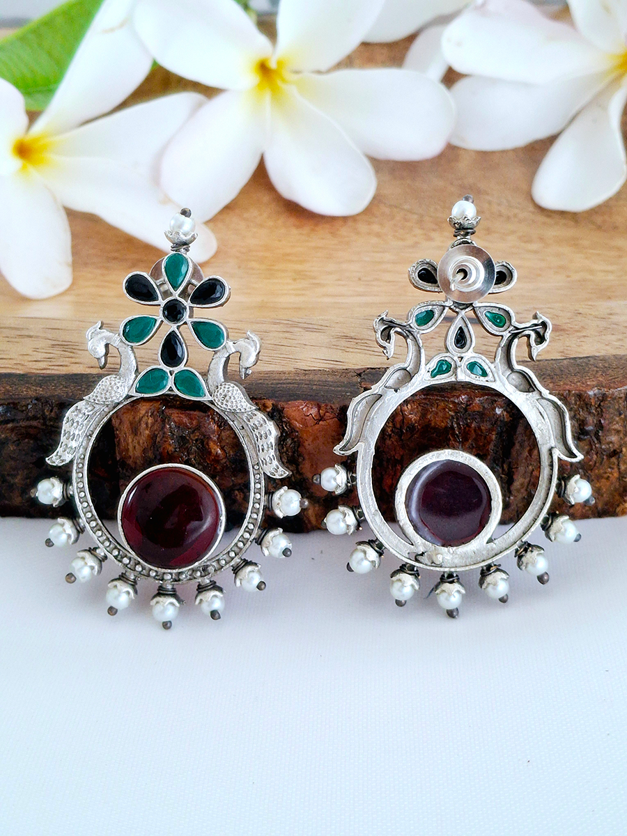Traditional Oxidised Peacock Big Stone Silver Look Alike Earring